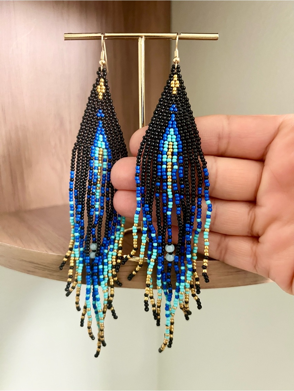 Lapis Lazuli Blue Beaded Fringe Earrings with Aqua Accents